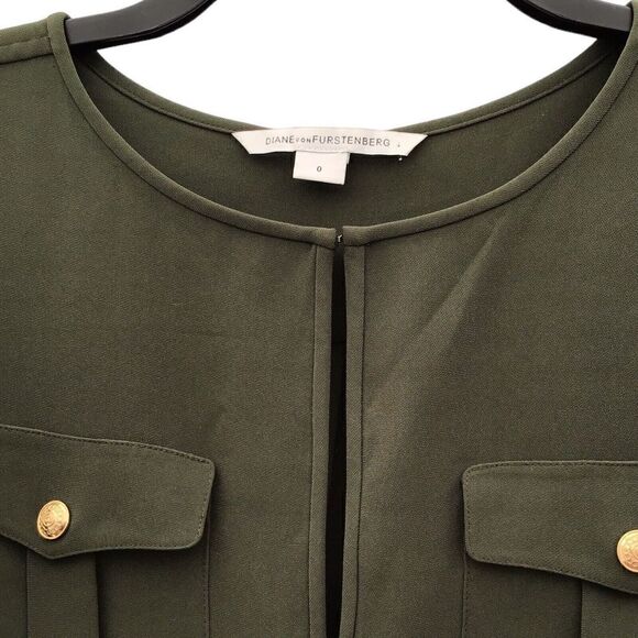 Diane Von Furstenberg DVF Agness Crepe Mini Dress Olive Gold Buttons Size 0 - Picture 4 of 6